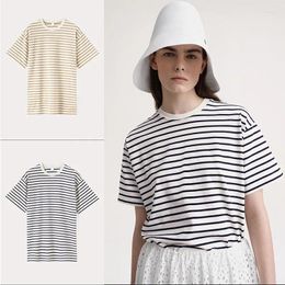 Women's T Shirts 2024 Round Neck Straight Striped Cotton T-Shirt Casual Tops