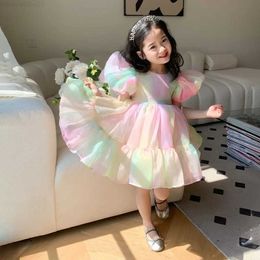 Girl's Dresses Baby Girls Bow Dress Clothes Bubble Sleeve Mesh Skirt Rainbow Princess Dress Costume For Baby Girl 1-6YL2404