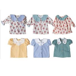 Kids Shirts 1-6Yrs Girls Floral Blouse Fall Full Water Lily Printing Patern Half Short Length Sleeve Kids Shirt for Girls Clothes Tops H240425