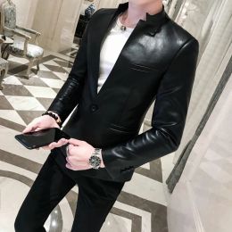 Jackets Solid Black Slim Fit Blazer Hombre PU Leather Jacket Men One Button Business Casual Prom Blazers For Men Korean Suit Coat