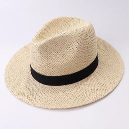 Black Ribbon Band Panama Hats Summer Women Sun Hat for Men Jazz Top Wide Brim Staw Beach Derby Party Wedding 240423