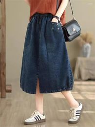 Skirts Summer High Waist Front Split Denim Womens 2024 Fashion Versatile Slim A-Line Mid Length Casual Loose Jeans Saias K803