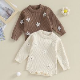 One-Pieces FOCUSNORM 018M Autumn Winter Baby Girls Knit Romper Long Sleeve Flower Eembroidery Sweater Jumpsuits for Casual Daily