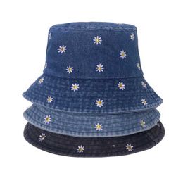 Wide Brim Hats Bucket Hats Popular Little Daisy Embroidered Cotton Summer Jeans Bucket Hat C For Women Spring Fisherman Hat Outdoor Travel Sunshade Gift J240425