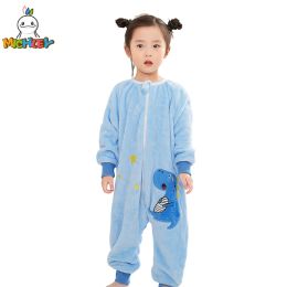 Bags MICHLEY Blue Dinosaur Flannel Baby Kid Sleeping Bag Winter Sleepwear Cute Cartoon Bodysuit Sleepsack Pyjamas With Feet Boys Girl