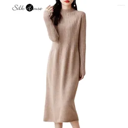 Casual Dresses 2024 Women's Fashion Autumn/Winter Wool Half High Neck Seven Needle Double Strand Thickened Knitted Long Loose Fit Dress