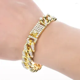 Link Bracelets Men Zircon Curb Cuban Bracelet Hip Hop Jewellery Gold Colour Thick Heavy Copper Material Iced CZ Chain