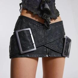 Y2K Emo Vintage Women Korean Short Sexy Leather Mini Skirts Aesthetic Fairy Grunge Low Waist Pu Leather A-line Skirt Alt Clothes 240416