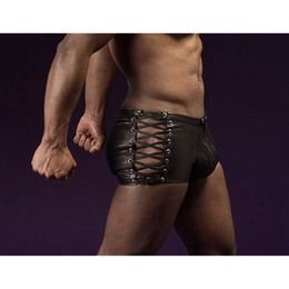 Mens Luxury Underwear Men Lingerie Patent Leather Boxer Shorts Underpants with O-Ring Sexy Leopard Male Briefs Drawers Kecks Thong A1FE