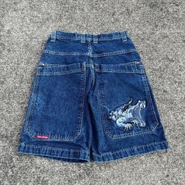 Men's Shorts JNCO Hip-hop Cartoon Crocodile Pattern Retro Blue Denim Men Y2k Fashion High Street Wide-leg Baggy Pants