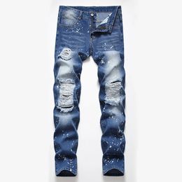 High-end Jeans Denim Mens Brand Regular Fit Hole Ruined Straight Trousers Dropship Ripped Large Size 240417