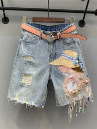 Women's Jeans New Summer Womens Jeans Korean Fashion Hole Ripped Beading Vintage Printed Knee Length Denim Pants Y2K 240423