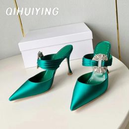 Slippers 2024 Est Summer Elegant Silk Pointed-Toe Supe High Heel Woman Square-Button Decora Stiletto Ladies Wedding Mules