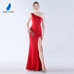 Party Dresses DEERVEADO Candy Colour One Shoulder Evening Dress For Women Sexy Mermaid Slit Maxi Soft Satin Formal