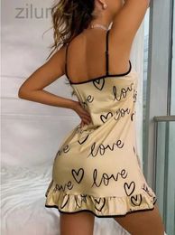 Sexy Pyjamas Women Cute Nightgown Pajamas Milk Silk Heart Print Sleepwear V Neck Lingerie Sexy Spaghetti Strap Nightwear Girls Homewear Dress d240425