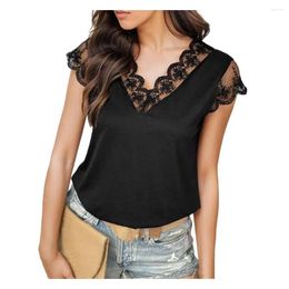 Women's Blouses Women Top Stretchy Black Blouse Elegant Lace Stitching V-neck Summer Tops Slim Fit Solid Color Pullover For Stylish