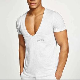 Men's T-Shirts Fashion Men Basic T-Shirt Summer Gym Muscle Tops Big V-Neck Short Sleeve Bodybuilding Sport Fitness T Shirt Tees Tops ClothingL2425
