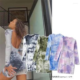 Casual Dresses INS Bloggers Same Style Tight Backless Blooming Bodycon Dress Tie-Dye Sexy Slim-Fit Wavy Edge Long Sleeve