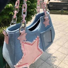 Korean Fashion Shoulder Underarm Harajuku Star Tote Denim Bag Chain Ladies Bags Zip Purses Handbag 2024 Luxury Square 240423