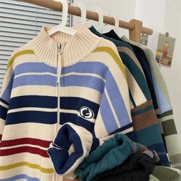 Men's Sweaters Autumn Winter Contrast Striped Stand Collar Cardigan For Men/Women Street Loose Lazy Versatile Couple Knitted Jackets
