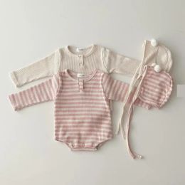 One-Pieces Spring Autumn Newborn Girl Infant Ribbed Solid Casual Long Sleeve Bodysuit + Lacing Caps 2pcs Boy Baby Cotton Striped Onesie