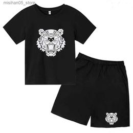 Clothing Sets Tiger Head Childrens T-shirt Set 2-12 Year Old Boys and Girls Casual Short sleeved Printed Summer Top+Shorts Q240425