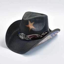 Wide Brim Hats Bucket Hats Vintage Straw Hat Mens Gentleman Western Cowboy Hat Summer Beach Sun Hat Cowboy Hat Jazz Hat Sombrero Hombre Y240425