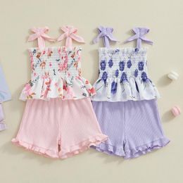 Clothing Sets Infant Baby Girl Shorts 2piece Clothes Suit Summer Floral Tie-up Pleated Tank Tops And Ribbed Toddler Knitted