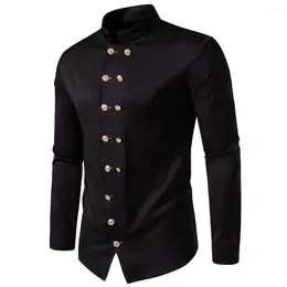 Men's Dress Shirts Shirt Retro Double Breasted Royal Style Stand Collar Long Sleeve Solid Colour Slim Fit Formal Top