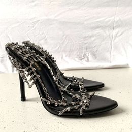 Early Spring/summer New Design Feeling Small and Distinctive Pointed Water Diamond Thin Heel Black Sexy Sandals Women's Chain High Heels