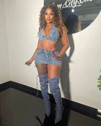 Work Dresses Sexy Y2k Denim Backless Bodycon Two Piece Sets Women Deep V Sleevless Off Shoulder Top And Cutout Mini Skirt Outfits Streetwear