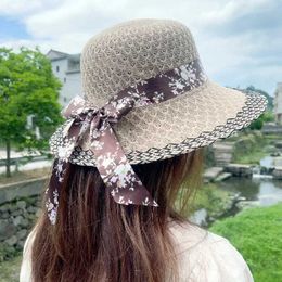 Wide Brim Hats Bucket Hats Vintage Str Womens Hat Elegant Flower Bow Ribbon Sun Hat Summer Travel Sun Protection Wide Brim Hat J240425