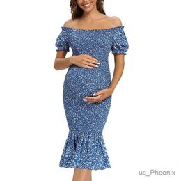 Maternity Dresses Womens Maternity Dress Short Puff Sleeve Floral Midi Bodycon Square Neck Ruffle Mermaid Smocked Dress Baby Shower Daily Wear