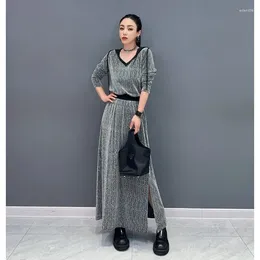 Skirts Two-pieces Grey Skirt Set For Women Casual Looses Tees A Line Elegant Solid Colour Matching Party Wear Kit