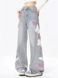 Women's Jeans Love Butterfly Pattern Design American Vintage Casual Denim Trousers Female High Waisted Loose Straight Pants