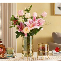 Vases Classic Transparent Glass Flower Arrangement Flowers Pot Decorative Floral Ornaments Metal Gold Vase Vintage Home Decor