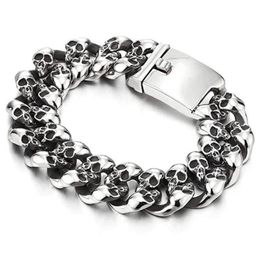 Punk Rock Mens Skull Bracelets Bangles Hiphop Stainless Steel 15MM 19MM Heavy Ghost Biker Curb cuban Chain Bracelet Men Jewelry284836183