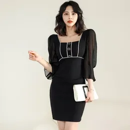 Party Dresses 2024 Elegant Spring Summer Formal Pencil Dress Black Mesh Stitching Square Collar Fashion Slim Bodycon Office Lady