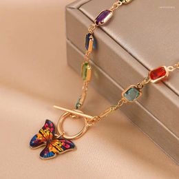 Pendant Necklaces Y2K Jewelry Vintage Luxury Rectangular Colorful Faux Crystal Beads Necklace Women Butterfly Clasp Accessories