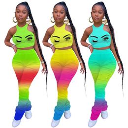 Women Sports 2 piece Set Fashion Casual Rainbow Printing T Shirt Pencil Pants Outfits Gradient Night Club Party Vest Leggings Suit8973161