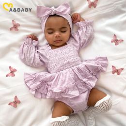 One-Pieces ma&baby 018M Newborn Baby Girl Romper Infant Toddler Long Sleeve Ruffle Jumpsuit + Bow Headband Outfits Fall Spring Clothing