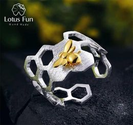 Lotus Fun Real 925 Sterling Silver 18K Gold Bee Rings Natural Designer Fine Jewelry Home Guard Honeycomb Open Ring for Women 220121363917