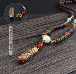 Ethnic Style Nepal Gau Box Six Words Of Truth Wooden Buddha Bead Chain Simple Long Vintage Necklace Pendant Necklaces3581046