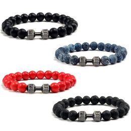 Strands 14 Style Dumbbells Lava Stone Beads Bracelets Bangles Women Jewelry Men Bracelet Metal Accwssories Bileklik Couple Pulseras