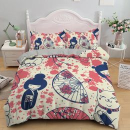 sets Japanese Dolls Duvet Cover Cute Lucky Cat Bedding Set Microfiber Fan Kokeshi Comforter Cover King For Boys Girls Bedroom Decor