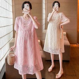 Maternity Dresses Japanese Style Maternity Lace Dress Short Sleeve Beading Collar Sweet Pregnant Woman A-line Dress Loose Fashion Pregnancy Dress