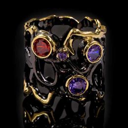 Band Rings High quality Black gold-plated color stone hollow colorful separation ring for women wedding party engagement H240425