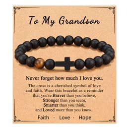 Hope, Faith, And Love! Stylish Cross Decor Black Beaded Charm Bracelets Cross Men Bracelet Brand Wholesale Unisex Stone Hand Work Black Onyx Volcano Jewelry With Card