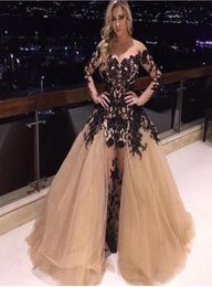 See Through Champagne Tulle Evening Dresses Detachable Train Black Appliqued Formal Party Gowns Long Sleeve Mermaid Prom Dresses C2206190