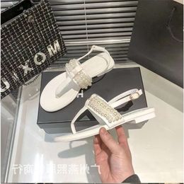 slide miui channelism sandals chlooe Pearl Sandals Womens Summer Flat Heel Buckle Clip Toe Back Mix Beaded Round Toe Flat Shoes